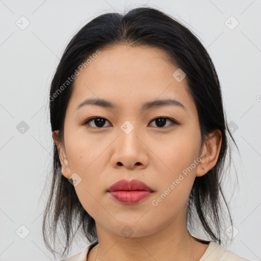 Neutral asian young-adult female with medium  black hair and brown eyes