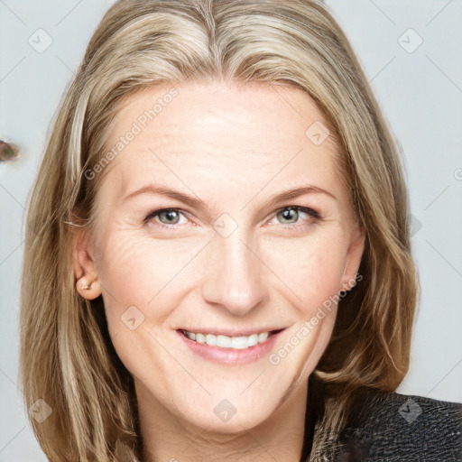 Joyful white young-adult female with medium  brown hair and blue eyes