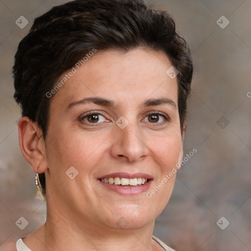 Joyful white adult female with short  brown hair and brown eyes