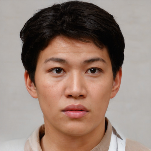 Neutral asian young-adult female with short  brown hair and brown eyes