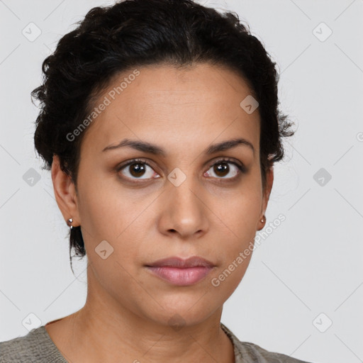 Neutral latino young-adult female with short  brown hair and brown eyes