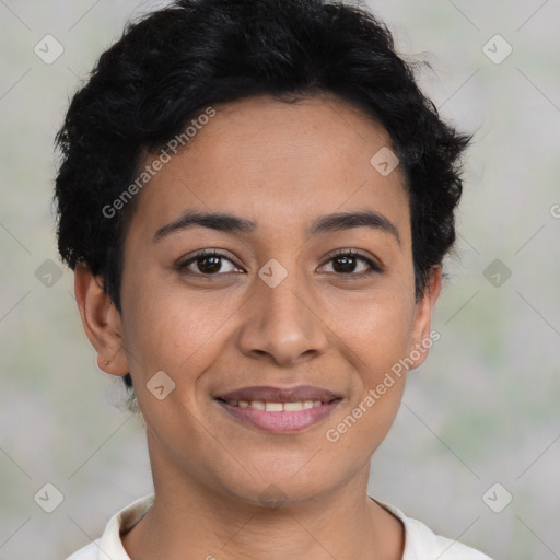 Joyful latino young-adult female with short  brown hair and brown eyes