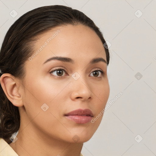 Neutral white young-adult female with medium  brown hair and brown eyes