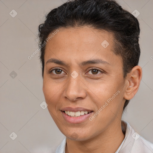 Joyful white young-adult female with short  brown hair and brown eyes