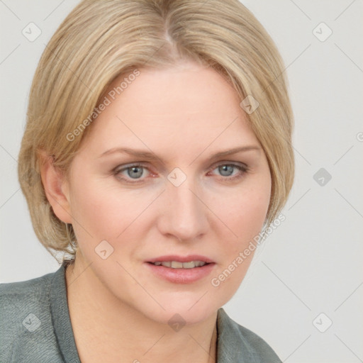 Joyful white young-adult female with medium  brown hair and blue eyes