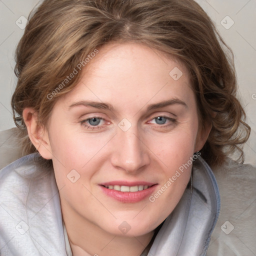 Joyful white young-adult female with medium  brown hair and blue eyes