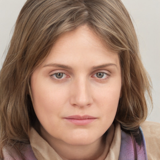 Neutral white young-adult female with medium  brown hair and grey eyes