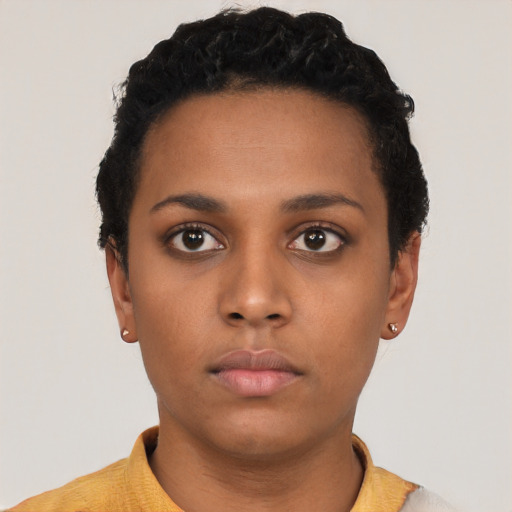 Neutral black young-adult female with short  black hair and brown eyes