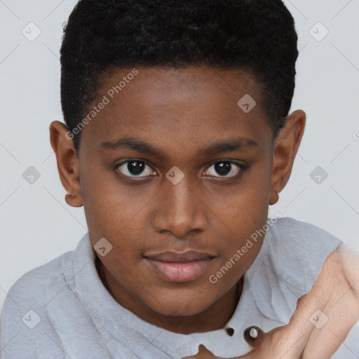 Joyful black young-adult male with short  brown hair and brown eyes