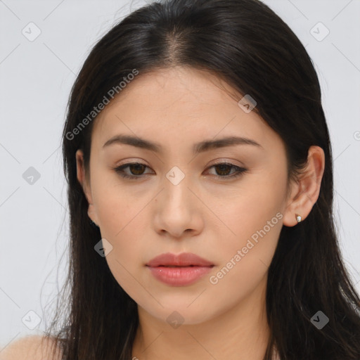 Neutral asian young-adult female with long  brown hair and brown eyes