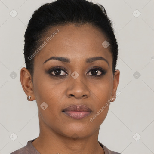 Joyful black young-adult female with short  brown hair and brown eyes