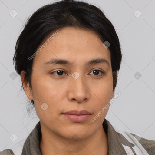 Neutral asian young-adult female with medium  brown hair and brown eyes