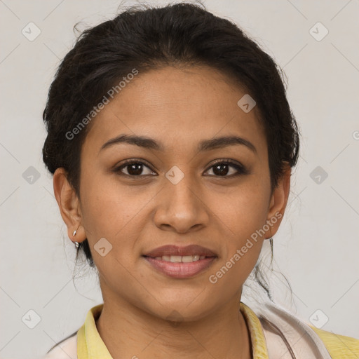 Joyful latino young-adult female with short  brown hair and brown eyes