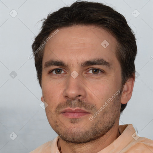 Neutral white adult male with short  brown hair and brown eyes