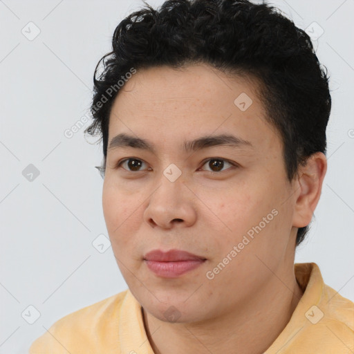 Neutral white young-adult male with short  black hair and brown eyes