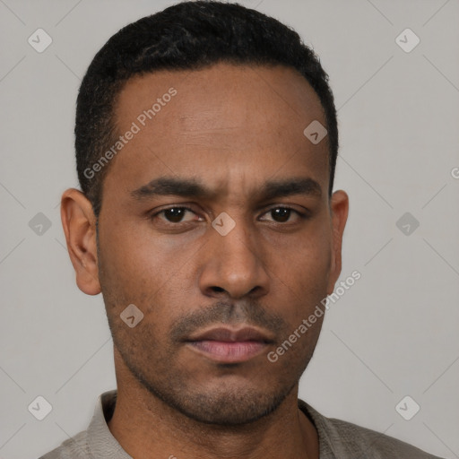 Neutral latino young-adult male with short  black hair and brown eyes