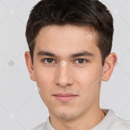 Neutral white young-adult male with short  brown hair and brown eyes