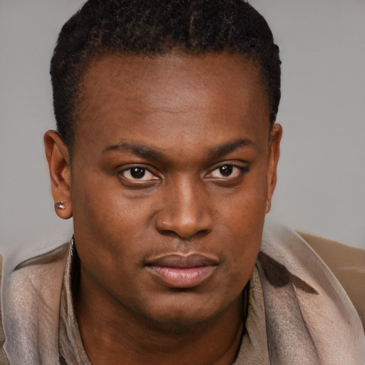 Neutral black young-adult male with short  brown hair and brown eyes