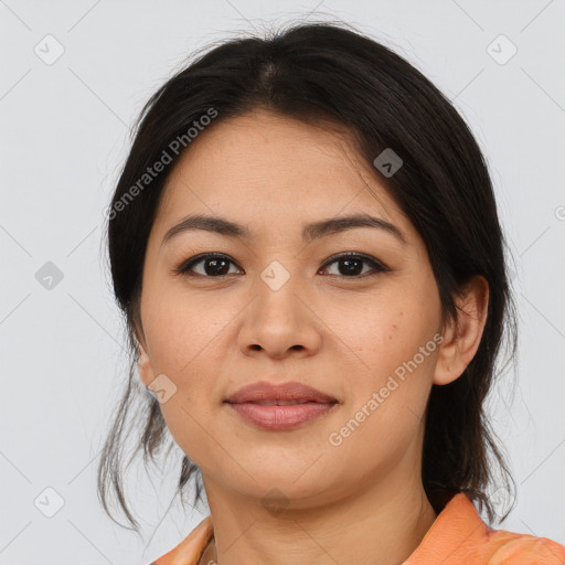 Joyful asian young-adult female with medium  brown hair and brown eyes