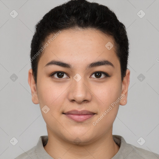 Joyful latino young-adult female with short  brown hair and brown eyes