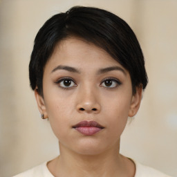 Neutral asian young-adult female with short  black hair and brown eyes