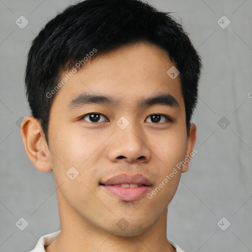 Joyful asian young-adult male with short  black hair and brown eyes