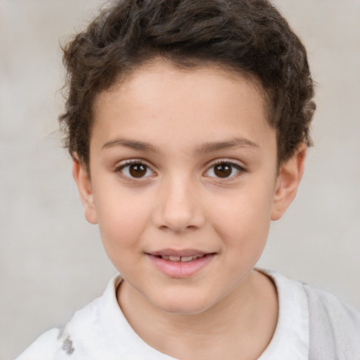 Joyful white child female with short  brown hair and brown eyes