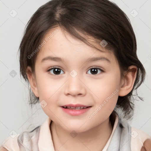 Joyful white child female with medium  brown hair and brown eyes