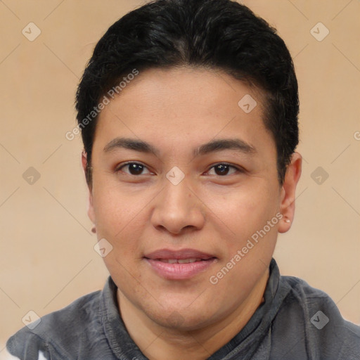 Joyful white young-adult male with short  black hair and brown eyes