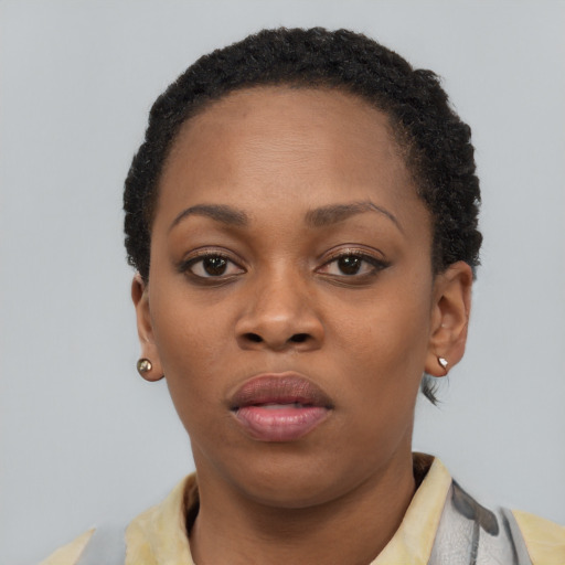 Neutral black young-adult female with short  brown hair and brown eyes