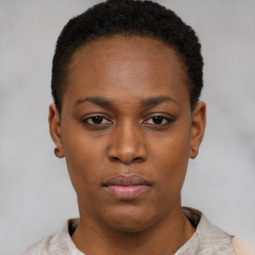 Neutral black young-adult female with short  black hair and brown eyes