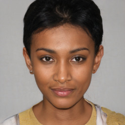 Neutral asian young-adult female with short  brown hair and brown eyes