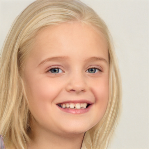 Joyful white child female with medium  blond hair and blue eyes