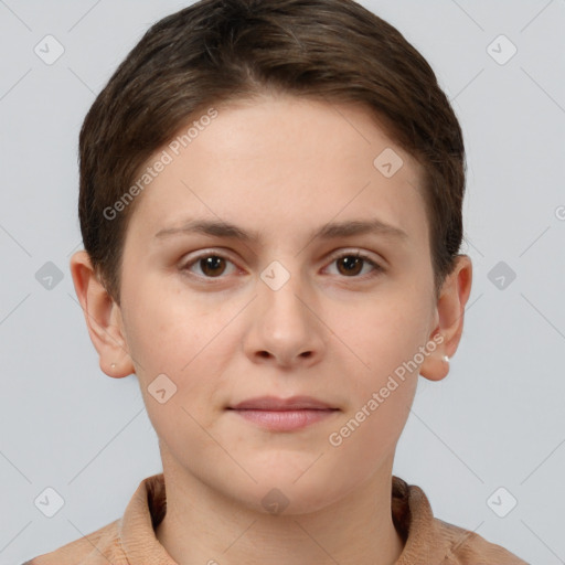 Neutral white young-adult female with short  brown hair and brown eyes