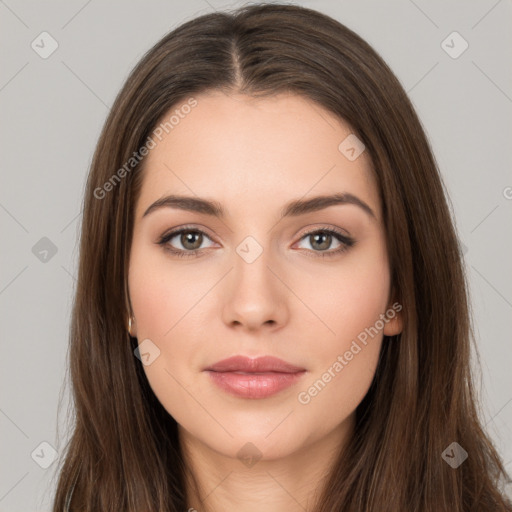 Neutral white young-adult female with long  brown hair and brown eyes