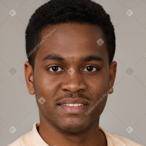 Joyful black young-adult male with short  brown hair and brown eyes