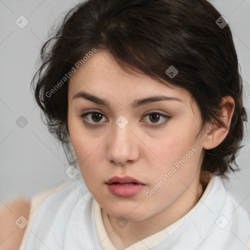 Neutral white young-adult female with medium  brown hair and brown eyes