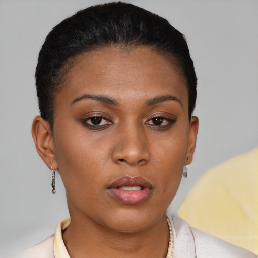 Neutral black young-adult female with short  brown hair and brown eyes