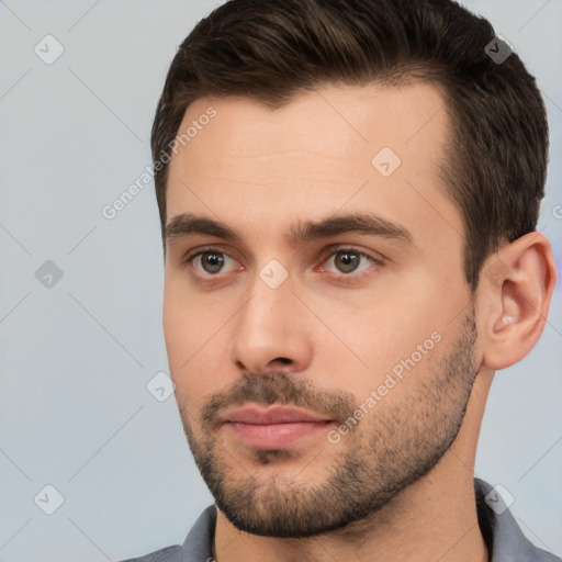 Neutral white young-adult male with short  brown hair and brown eyes