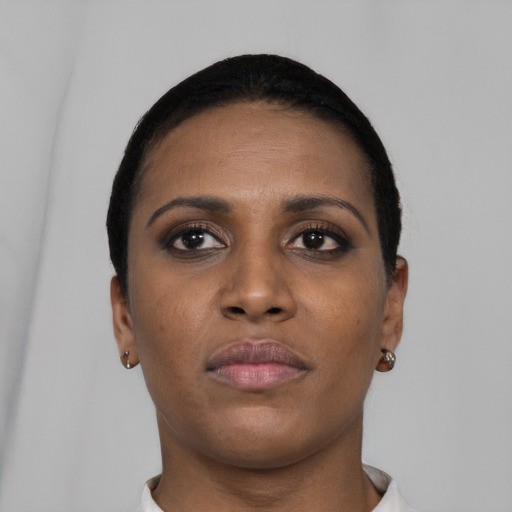 Neutral black young-adult female with short  brown hair and brown eyes