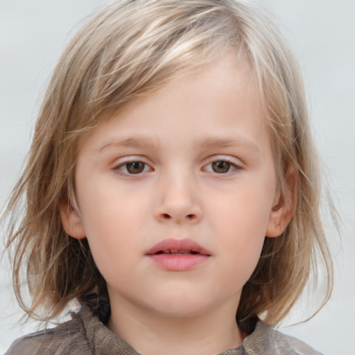 Neutral white child female with medium  brown hair and blue eyes