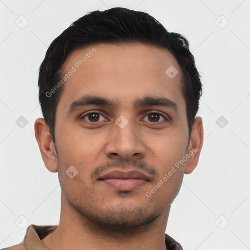 Neutral asian young-adult male with short  black hair and brown eyes
