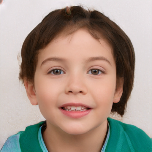 Joyful white child female with short  brown hair and brown eyes