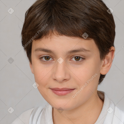 Joyful white child female with medium  brown hair and brown eyes