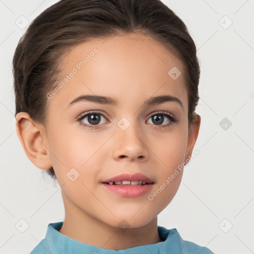 Joyful white child female with medium  brown hair and brown eyes