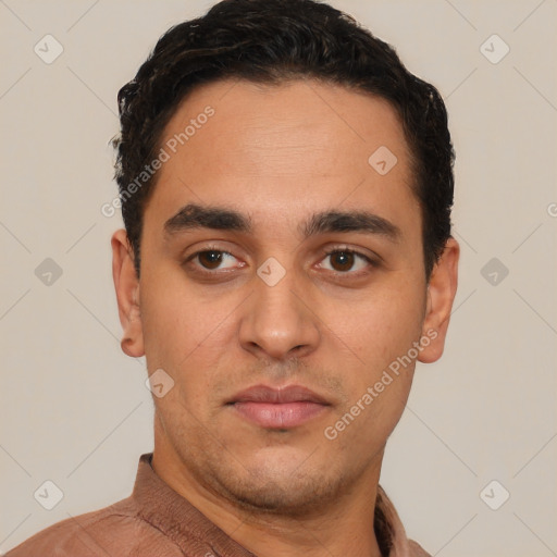 Neutral latino young-adult male with short  black hair and brown eyes