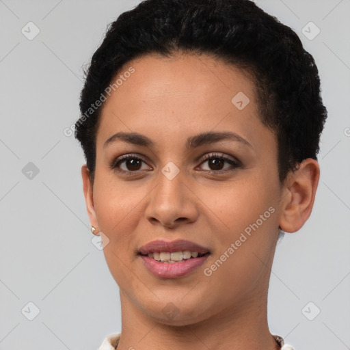 Joyful latino young-adult female with short  black hair and brown eyes