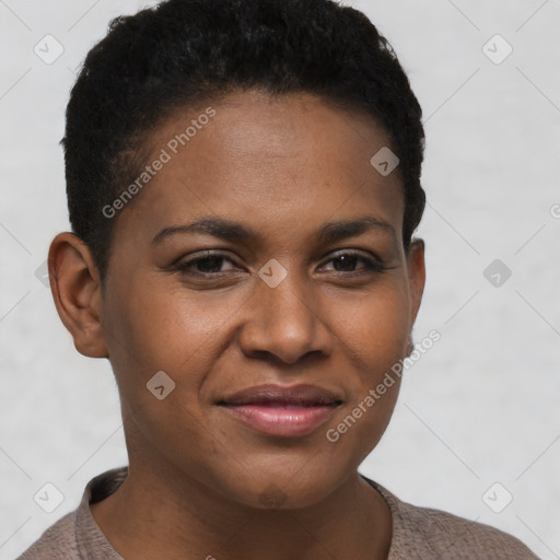 Joyful black young-adult female with short  brown hair and brown eyes