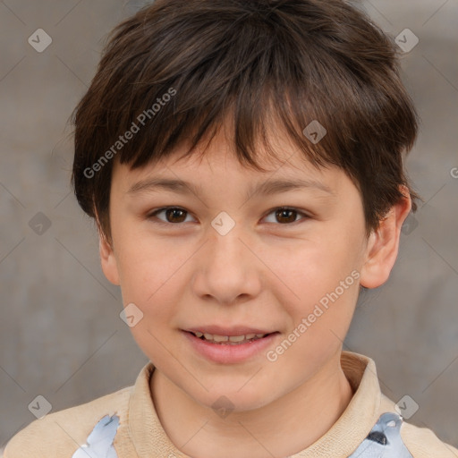 Joyful white child female with short  brown hair and brown eyes