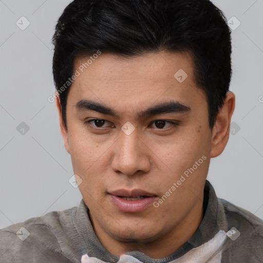 Neutral asian young-adult male with short  brown hair and brown eyes